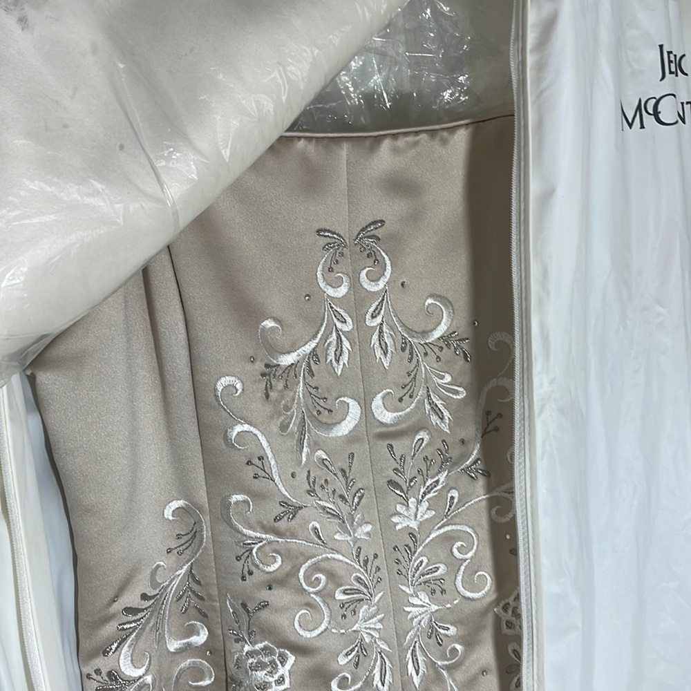 Jessica McClintock beige strapless long formal dress. With Cham